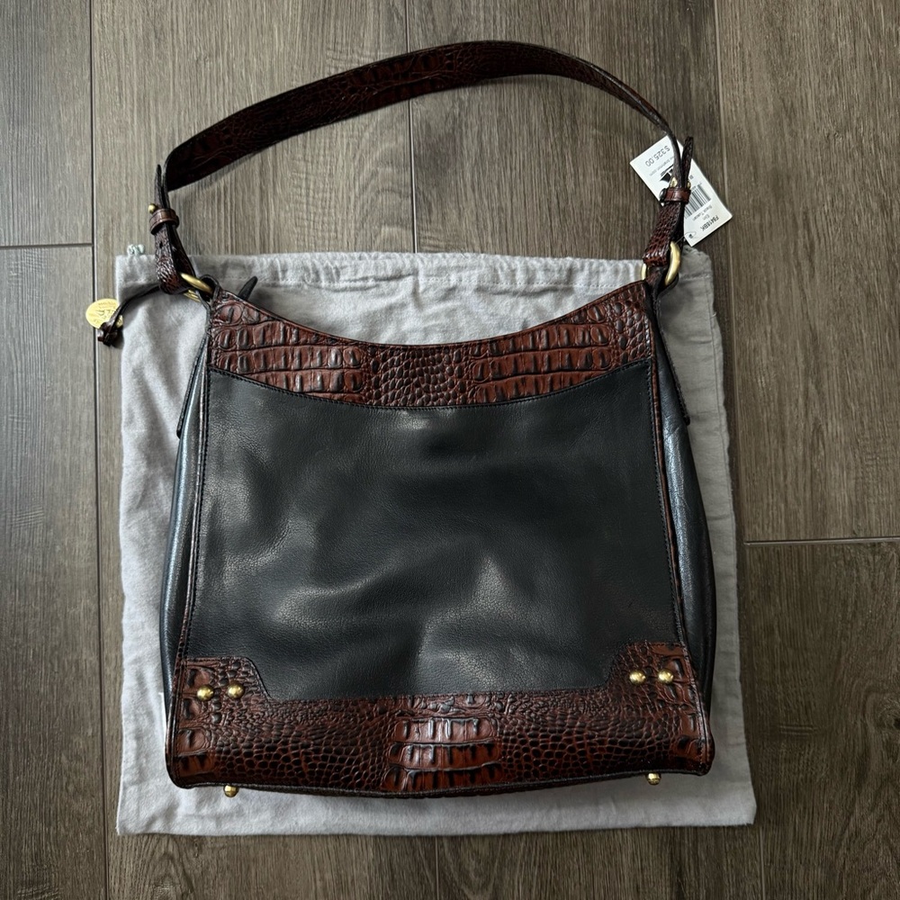 Brahmin Shoulder Bag Womens Black Brown Croc Embossed Leather Tassel Purse Tote - Picture 2 of 10